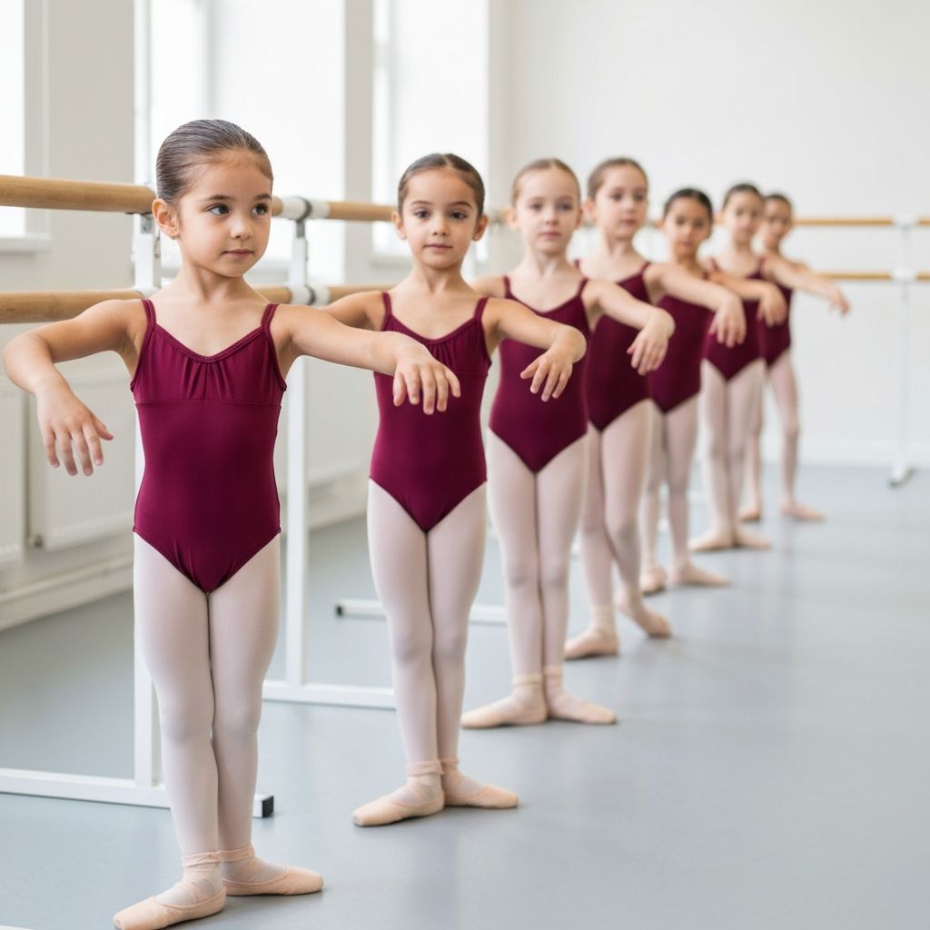A line of young dancers working at the ballet barre during class